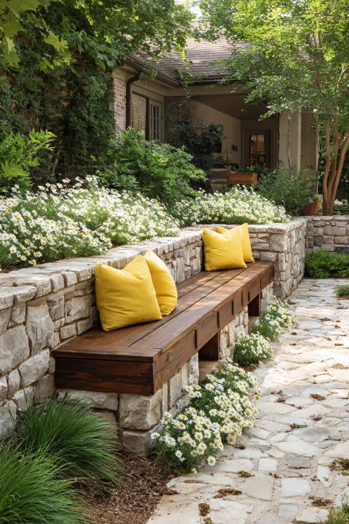 Stone Wall Bench with Cheerful Yellow Accents