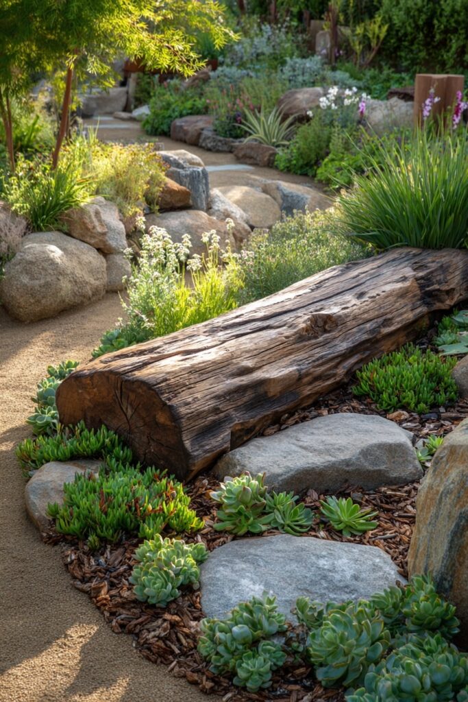 2. Natural Log Border with Succulents and Bark