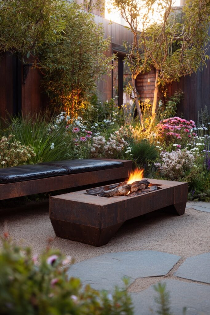 Low-Rise Steel Fire Pit in a Secret Garden Nook