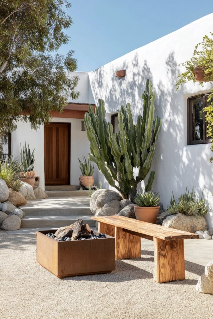 13. Desert-Ready Fire Pit with Gravel and Cactus Charm