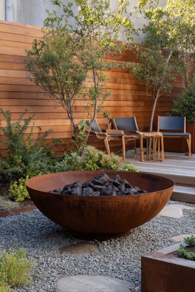 8. Modern Minimalist Fire Pit with Corten Steel Boldness