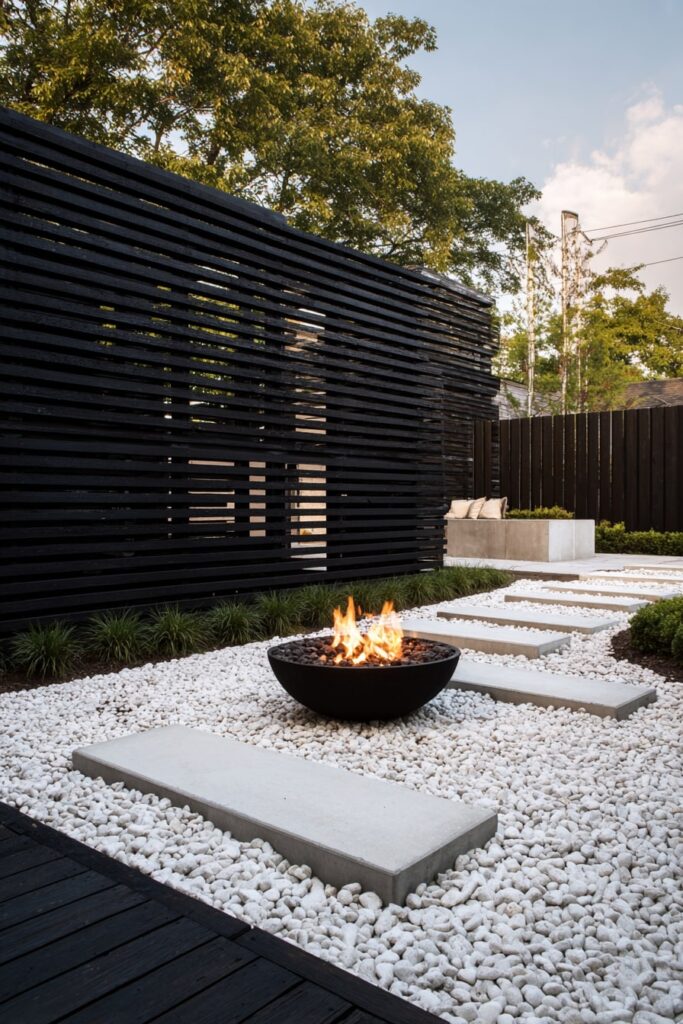 7. Minimalist Gravel Fire Pit with Bold Contrast