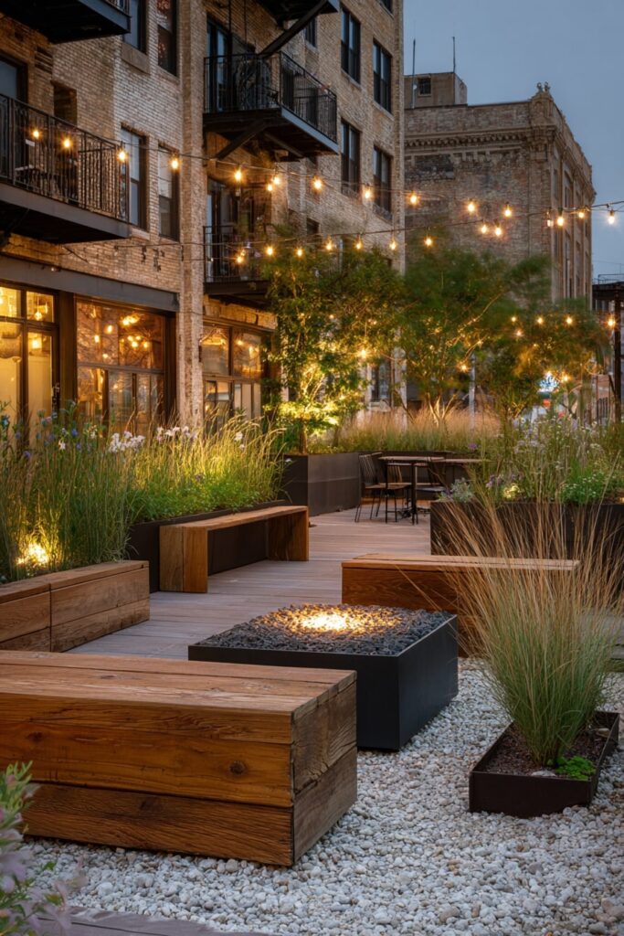 10. Urban Rooftop Fire Pit with Gravel Trim