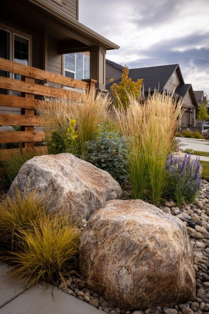 6. Modern Front Yard Border with Golden Grass