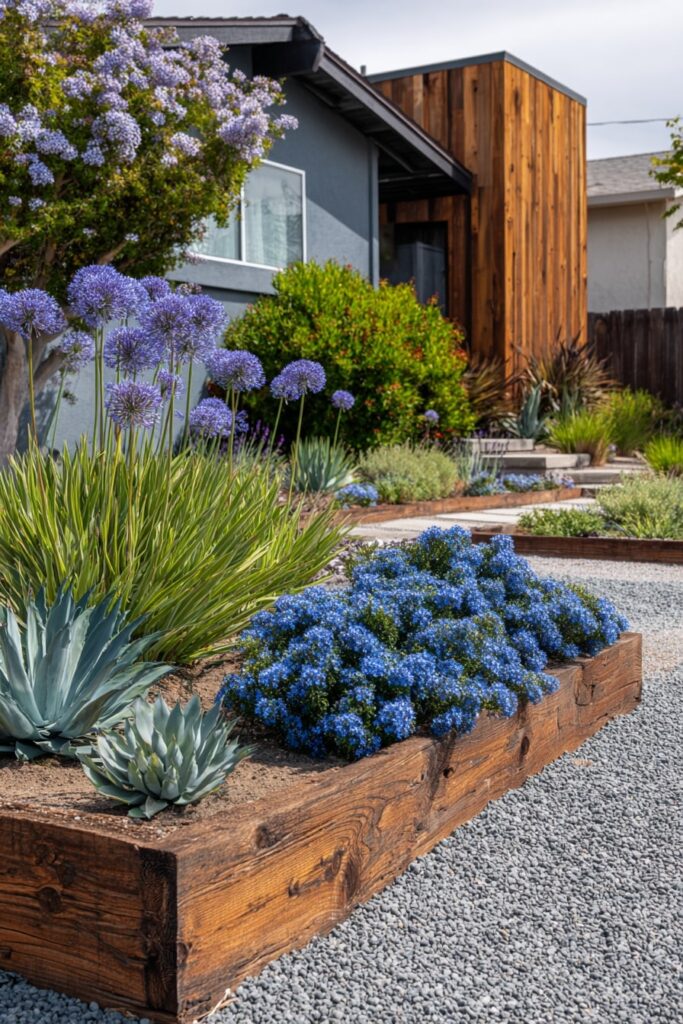 8. Raised Wooden Border with Bark and Gravel Accents