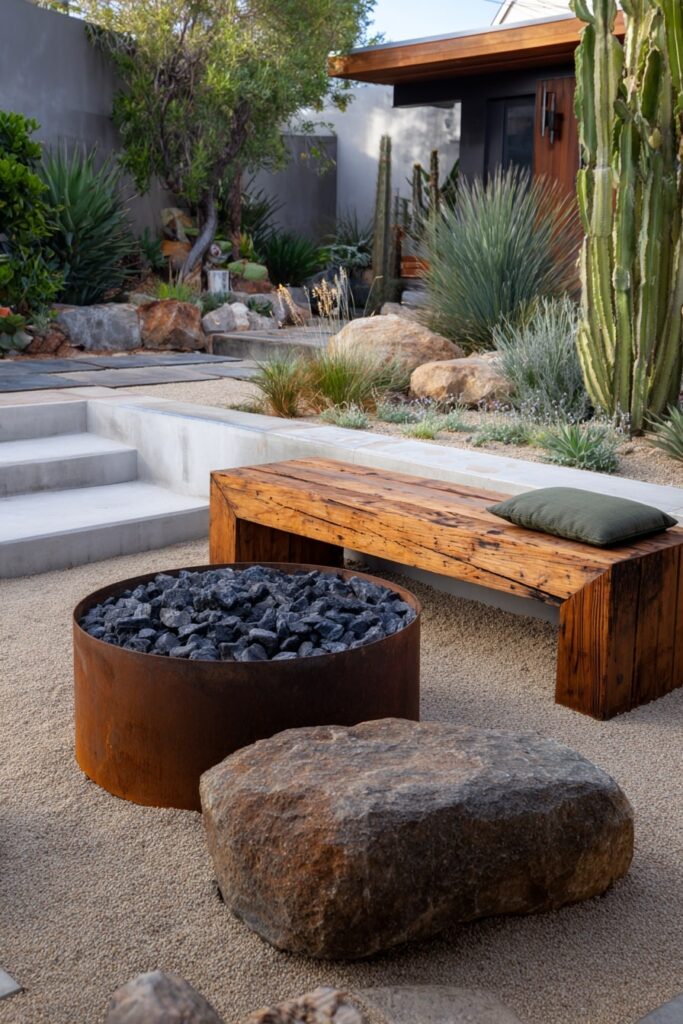 14. Steel Bowl Fire Pit in a Desert Gravel Garden