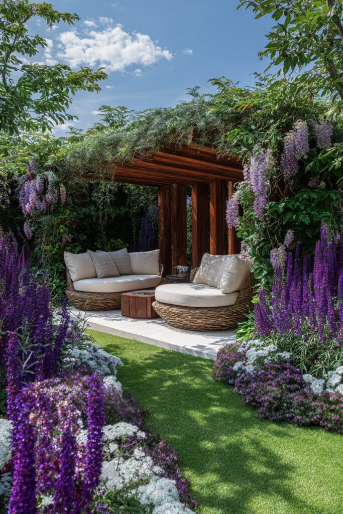 21. Wisteria-Covered Garden Lounge with Wicker Daybeds