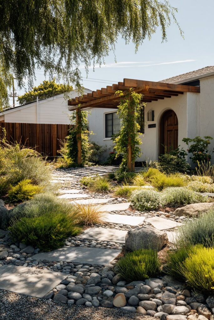 5. River Rock and Bark Border in a Water-Wise Front Yard
