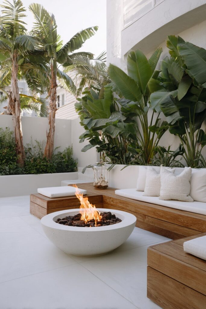 14. White Concrete Fire Pit in a Tropical Patio