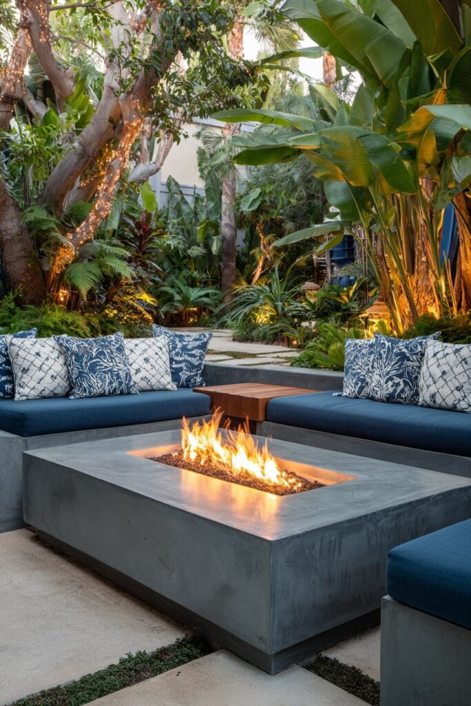 16. Rectangular Concrete Fire Pit in a Lush Tropical Lounge