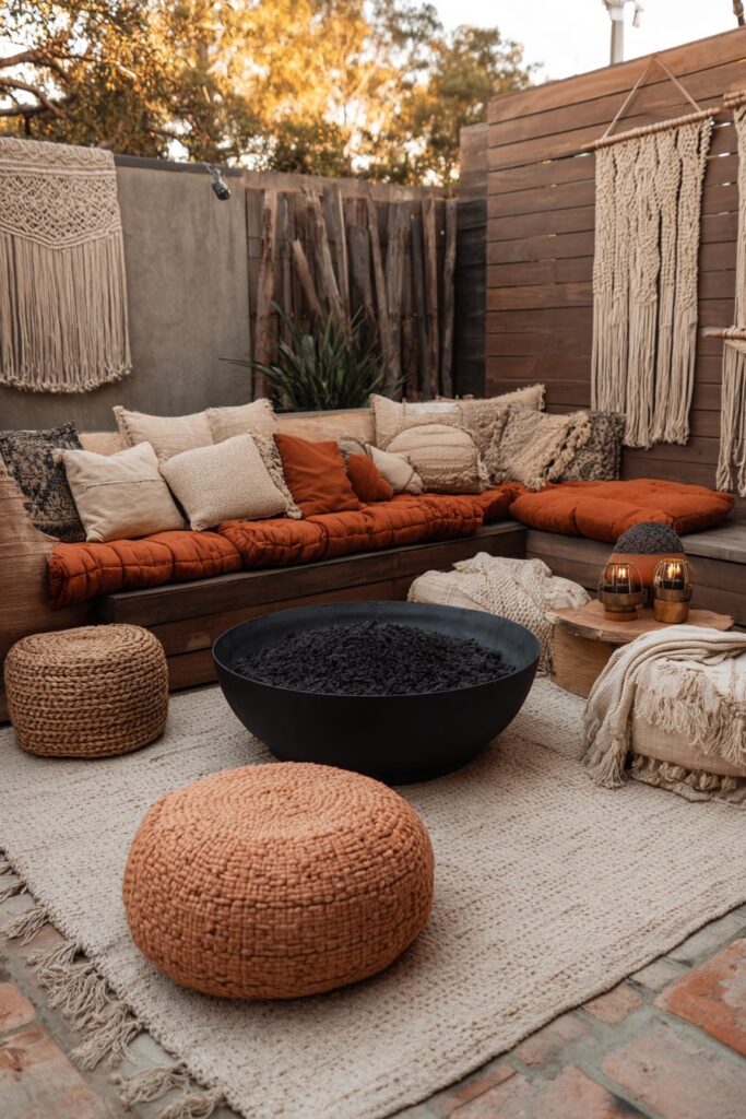 11. Boho-Inspired Fire Pit Nook with Cozy Texture