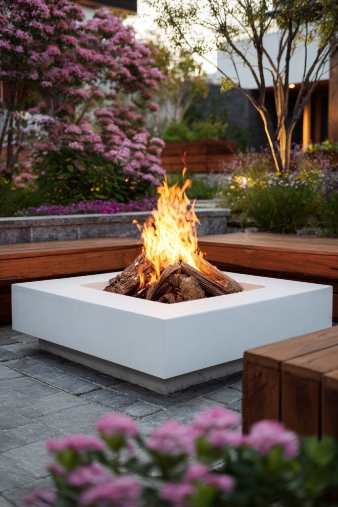 Crisp White Fire Pit Framed by Garden Blooms