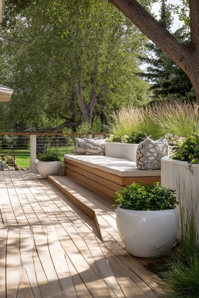 04. Sleek Bench Decking with a Garden View