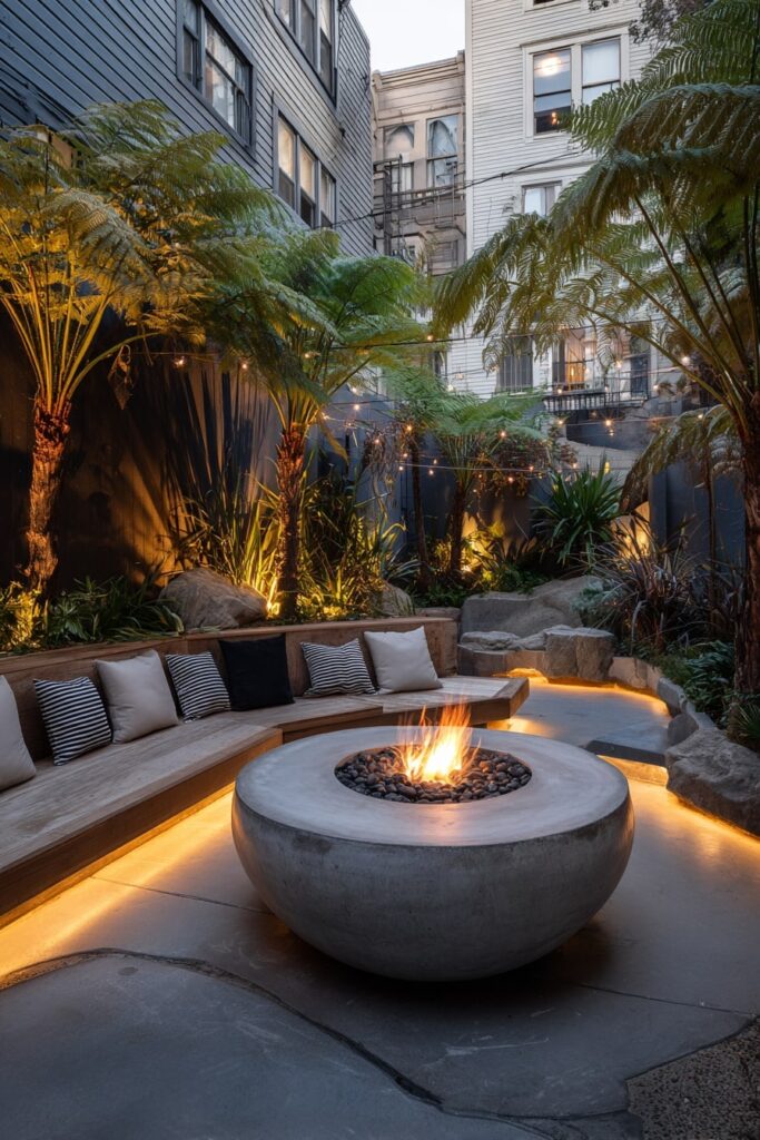 6. Round Concrete Fire Pit in a Jungle-Inspired Courtyard