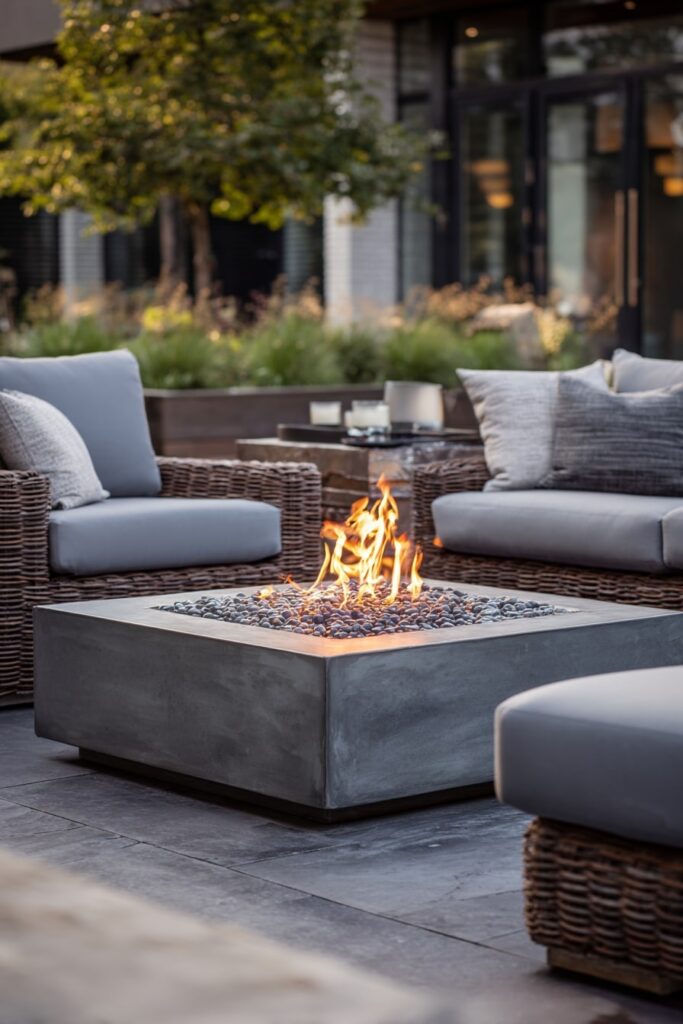 9. Square Concrete Fire Pit with Wicker Seating