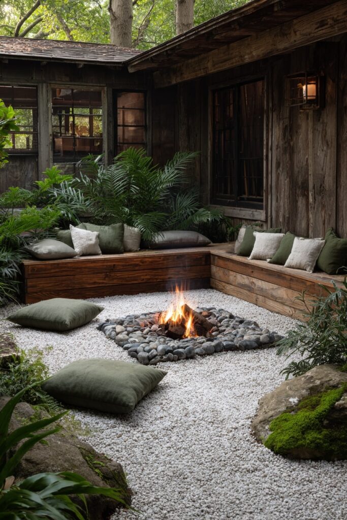 5. Rustic Cabin Corner with Low Gravel Fire Pit
