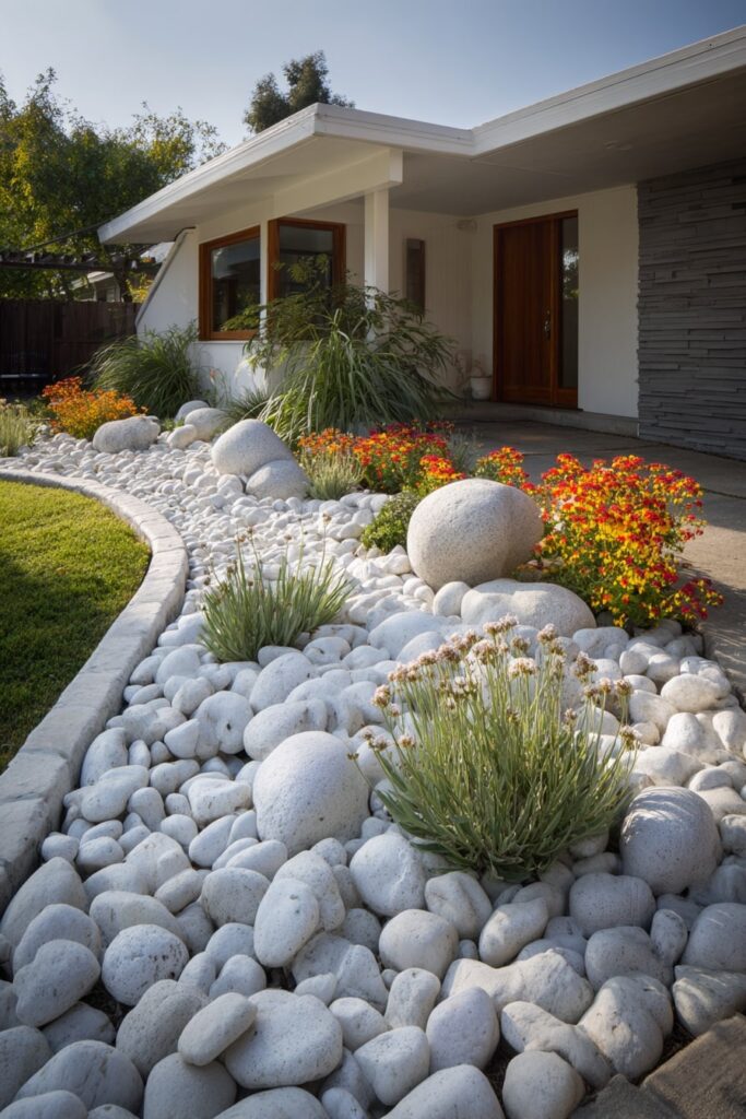 8. White Pebble Border with Bold Color Contrast