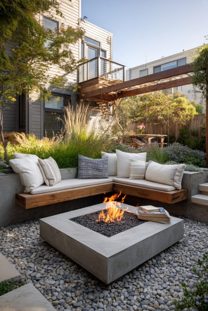 6. Modern Backyard Fire Pit with Floating Bench and Gravel Base