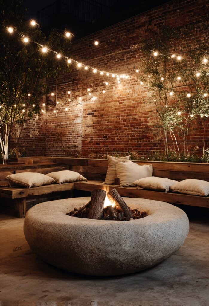 14. Cozy Courtyard Fire Pit with String Lights