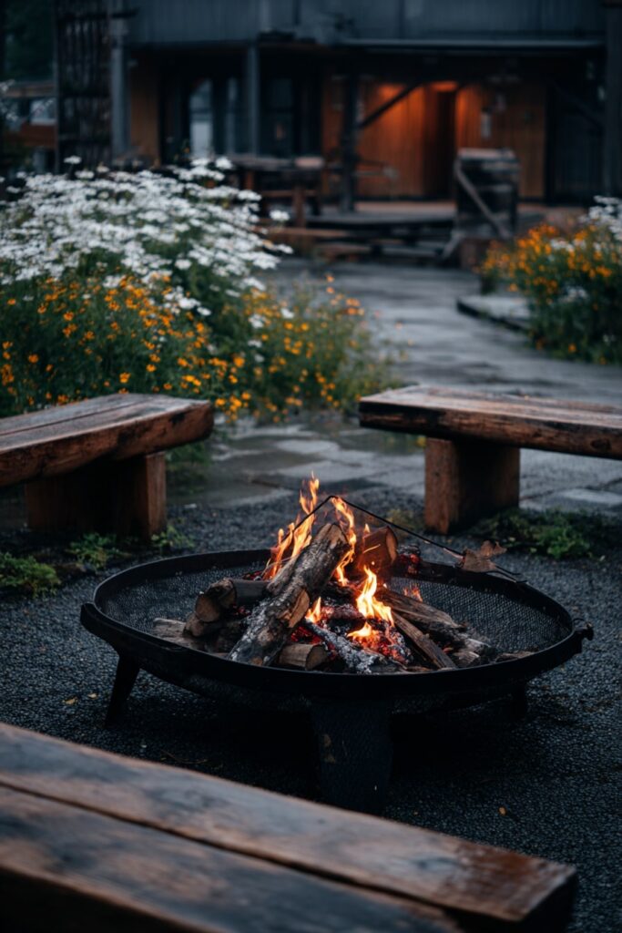 Rustic Garden Fire Pit with Wildflower Charm