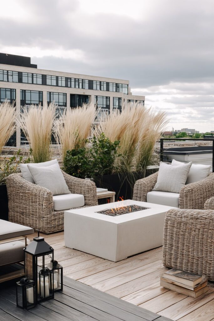 13. Concrete Fire Pit on a Breezy Rooftop Lounge