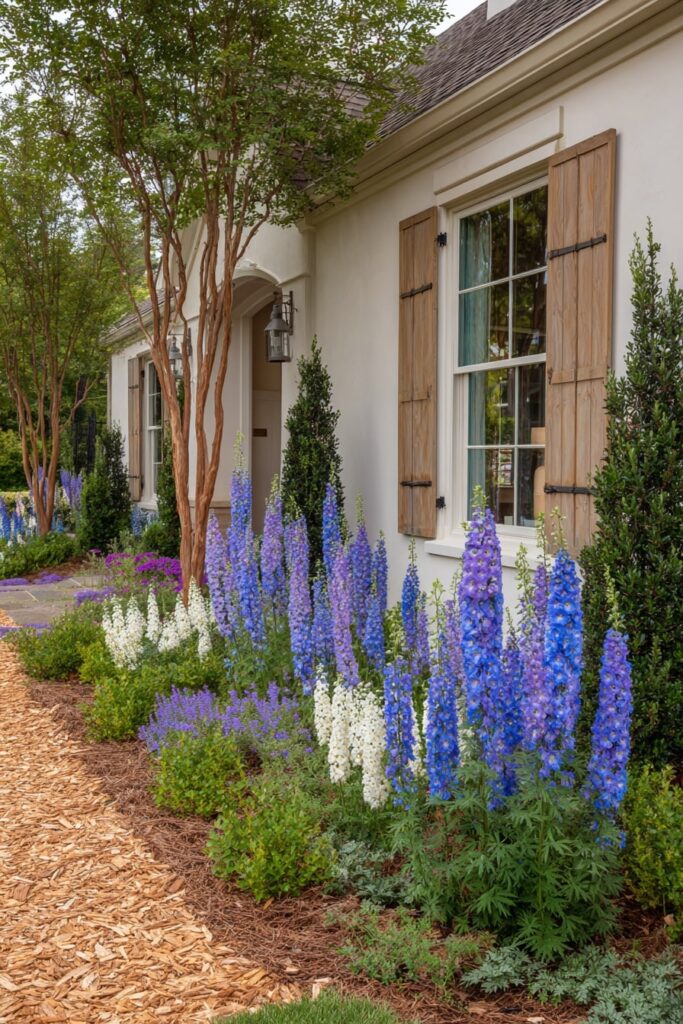 9. Cottage-Style Border with Bark and Delphiniums