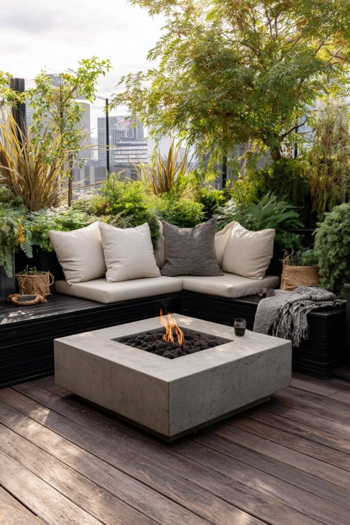 10. Concrete Fire Pit on a Lush Rooftop Deck