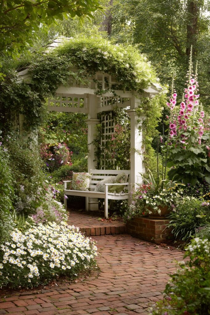 4. Arched Trellis Patio with Brick Path and Bench