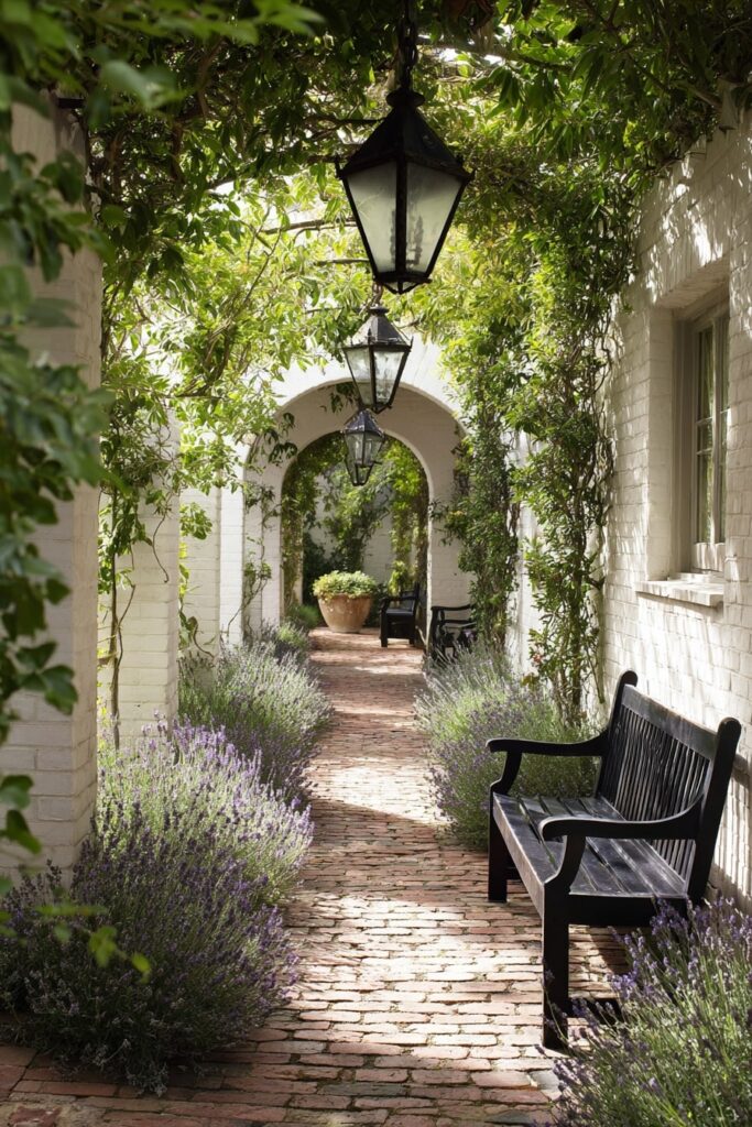 16. Lavender-Lined Walkway with Black Garden Benches