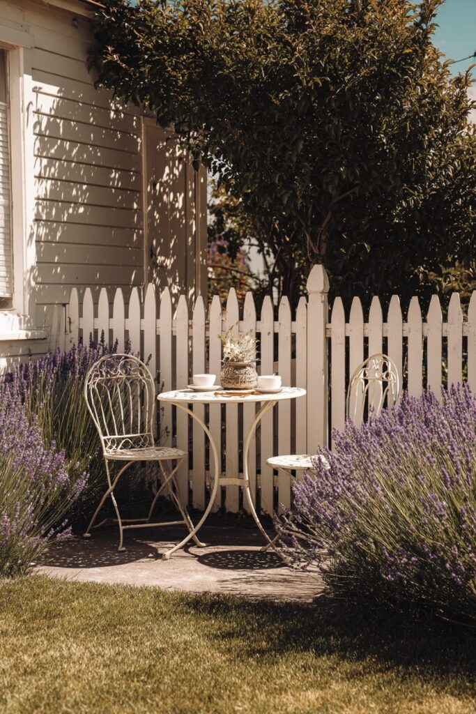 20. Lavender Fence Patio with Vintage Bistro Table