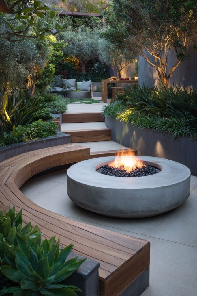 17. Round Concrete Fire Pit with Curved Bench in a Tiered Garden