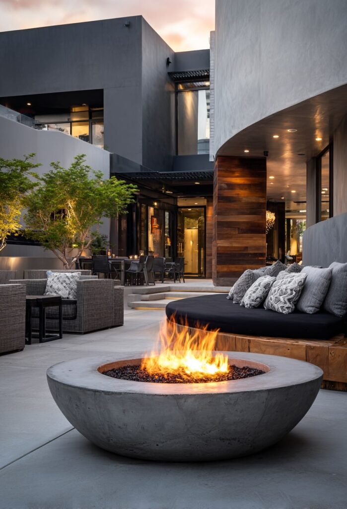 3. Sculpted Concrete Fire Pit in a Sleek Courtyard