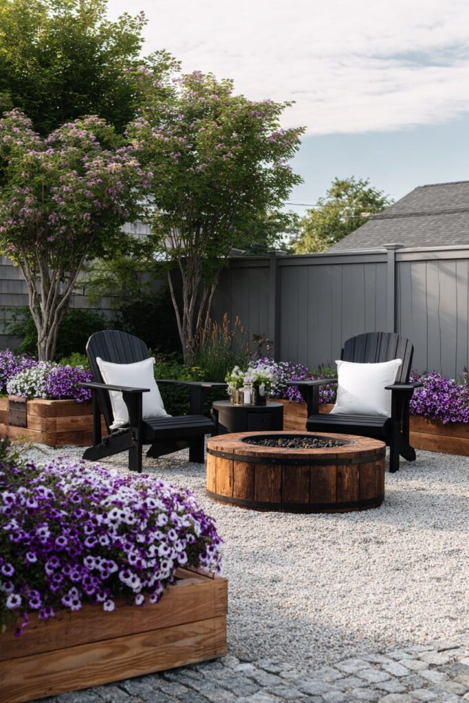 17. Cottage Garden Fire Pit with Barrel-Style Warmth