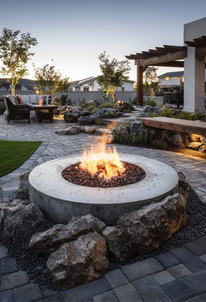 10. Concrete Ring Fire Pit with Natural Stone Base