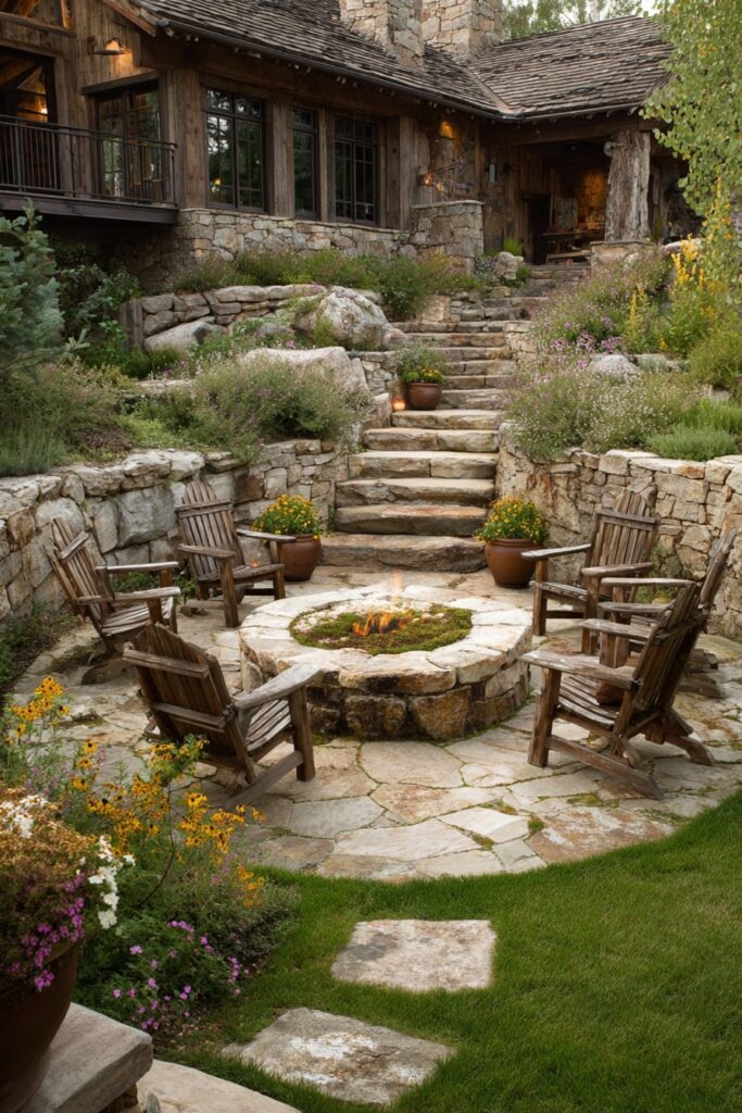 Stone Fire Pit Nestled in a Garden Terrace