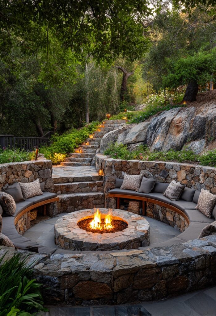 8. Built-In Stone Fire Pit with Hillside Seating