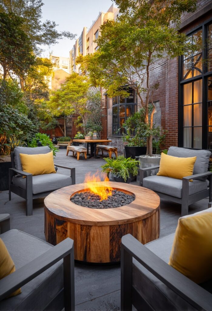 8. Wood-Clad Fire Pit with Garden Courtyard Charm