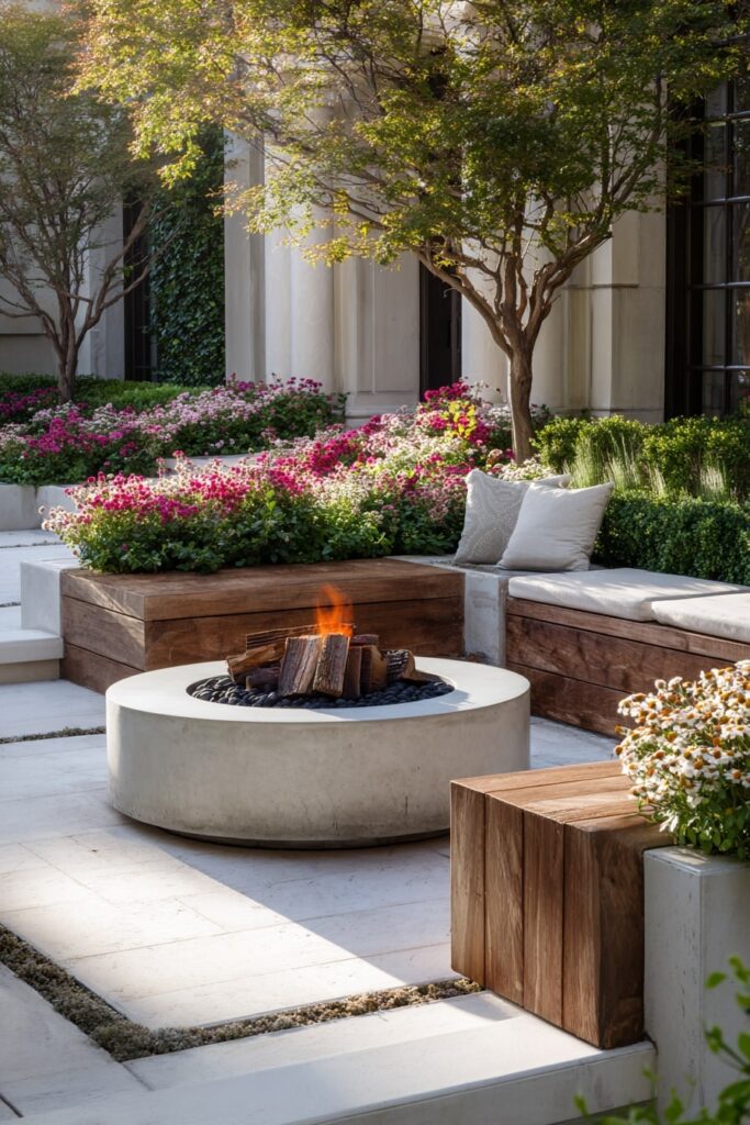 Modern Cottage Fire Pit Framed by Blooming Beds