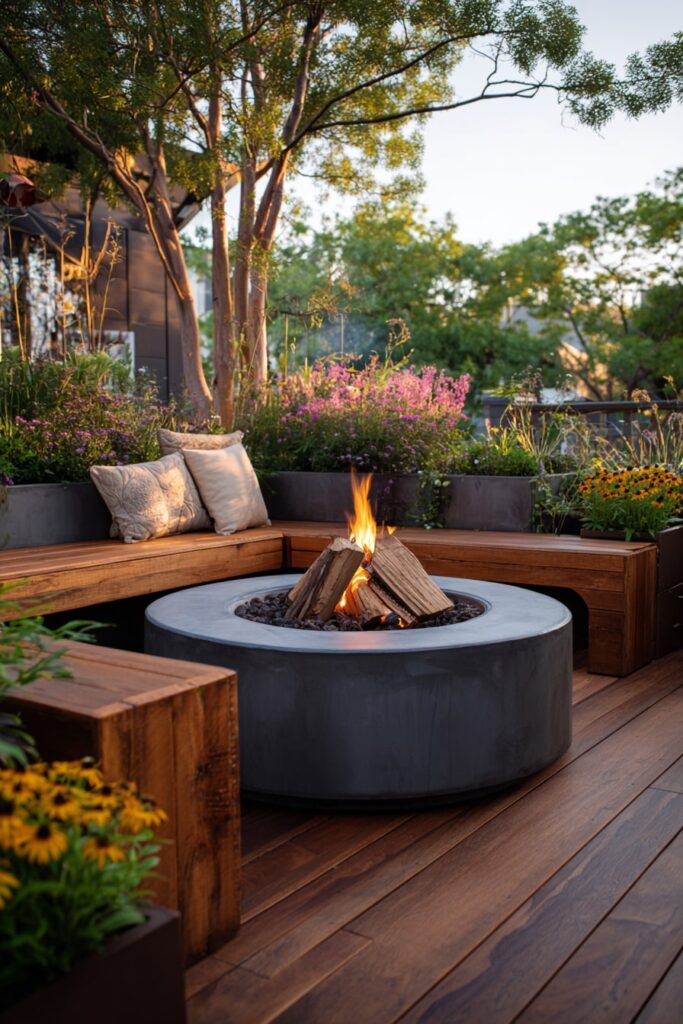 Round Concrete Fire Pit on a Wood Deck Patio