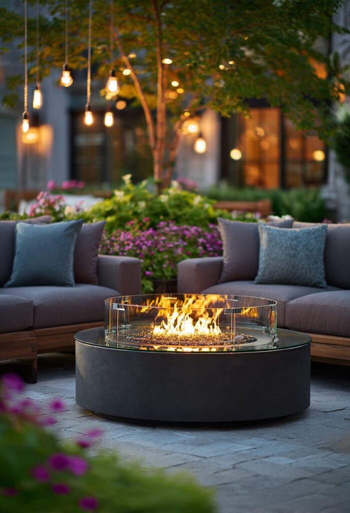12. Glass-Guarded Fire Pit for Flower-Filled Patios