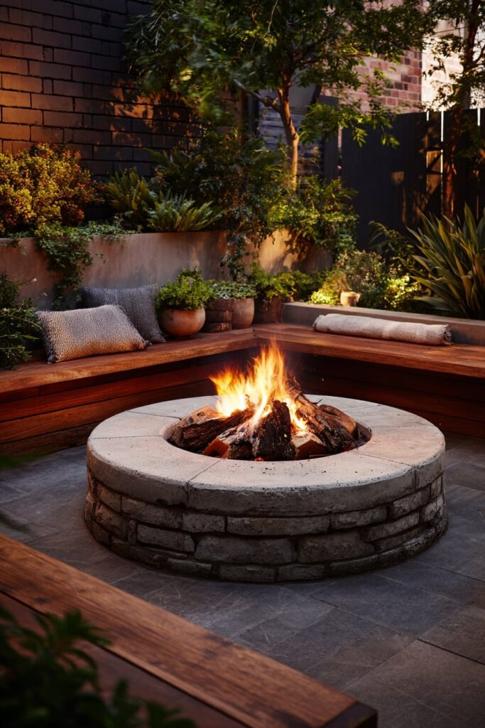 Stone Fire Pit Tucked into a Lush Garden Corner