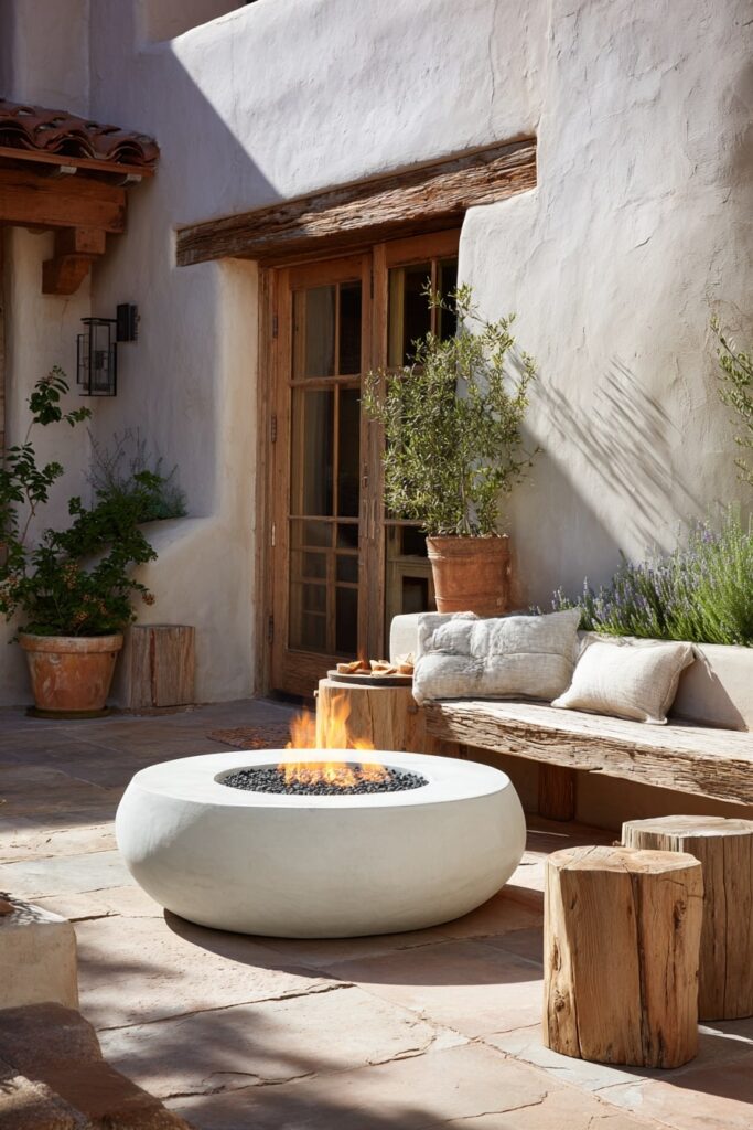 18. White Concrete Fire Pit in a Rustic Courtyard