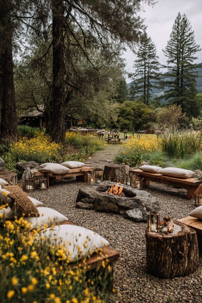 18. Forest Gathering Fire Pit with Gravel and Wildflowers