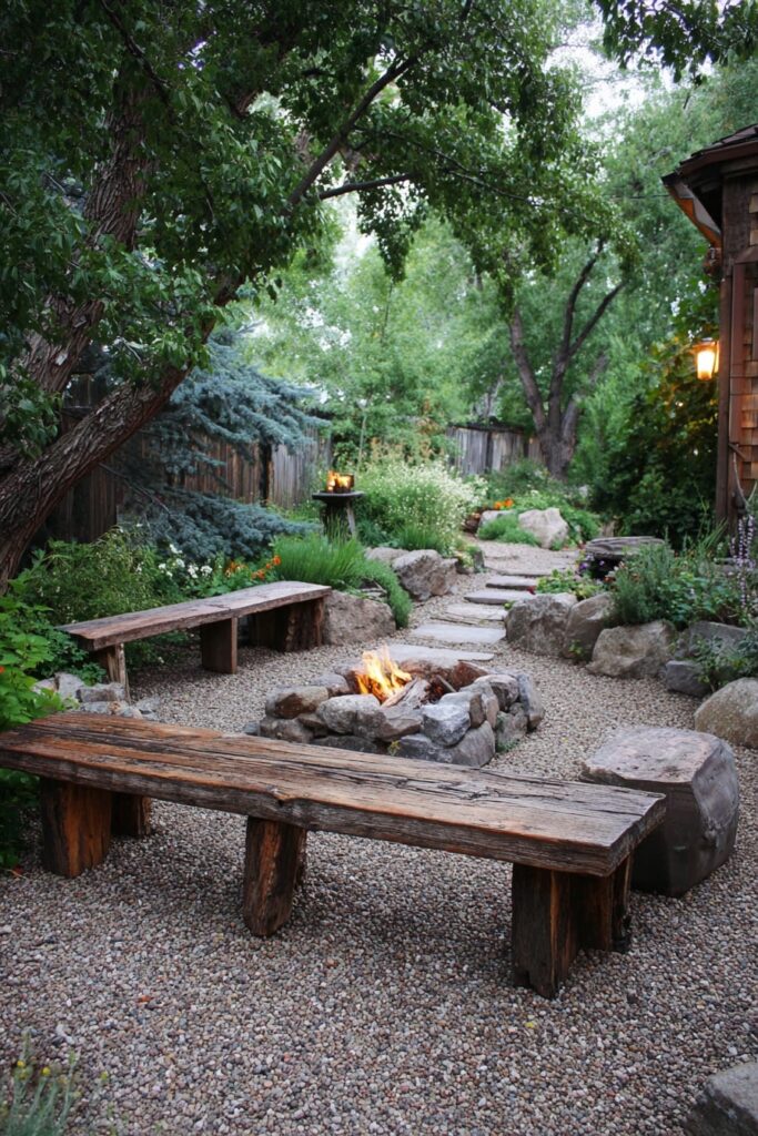 20. Woodland Retreat with Raw Stone Fire Pit and Timber Benches