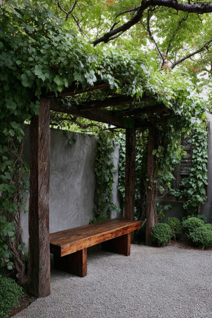 Wooden Bench Under a Leafy Pergola