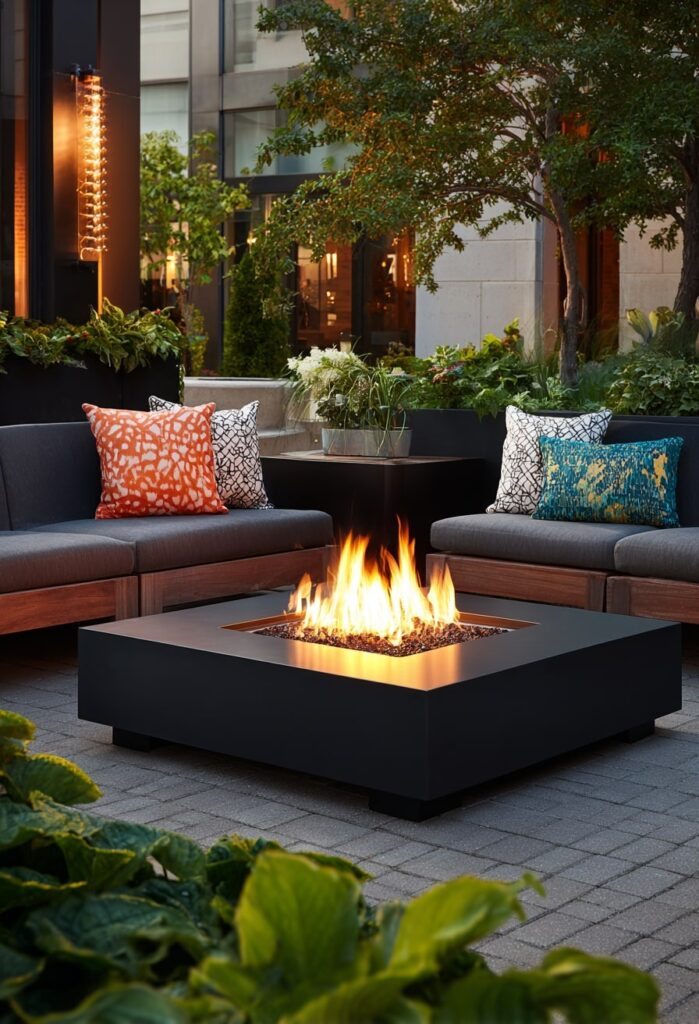 23. Matte Black Fire Table in a Bold Urban Courtyard