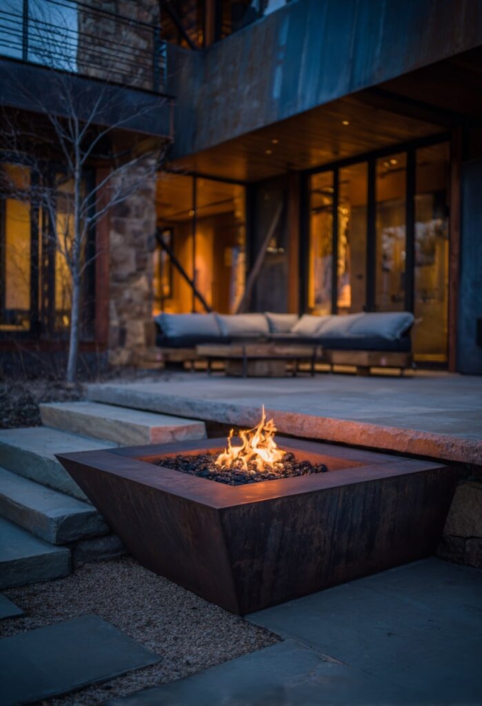 4. Sculptural Steel Fire Pit for Modern Patios