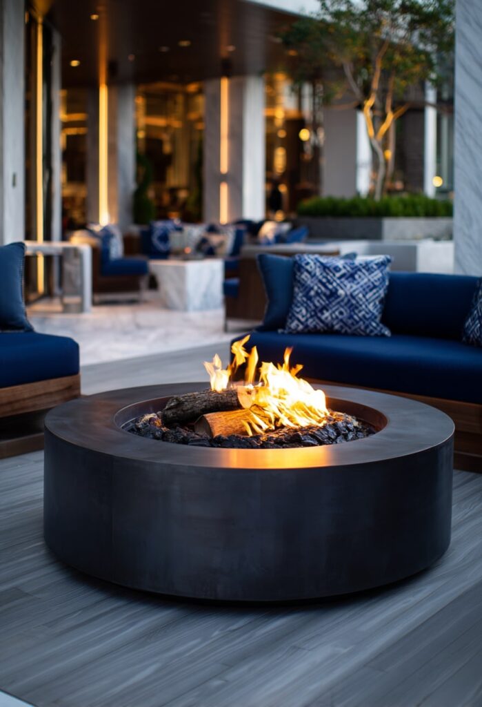 13. Bold Round Fire Pit with Luxe Blue Seating