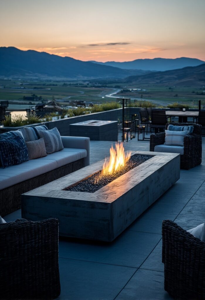 10. Concrete Fire Pit with a Mountain View Backdrop