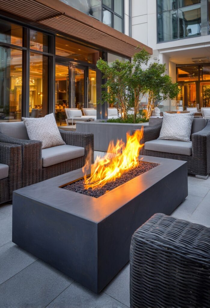 6. Rectangular Fire Pit with Urban Resort Vibes